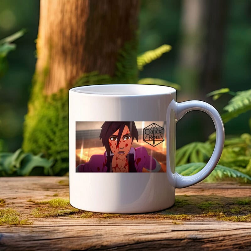 Battle-Worn Animated Heroine Intense Action Mug
