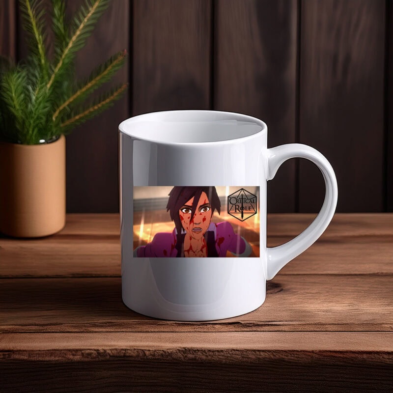 Battle-Worn Animated Heroine Intense Action Mug
