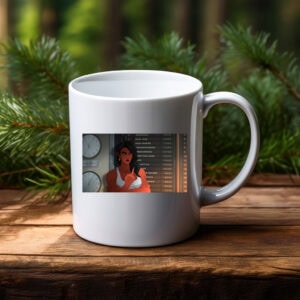 Confident Woman Waiting in Time Zone Control Room Mug