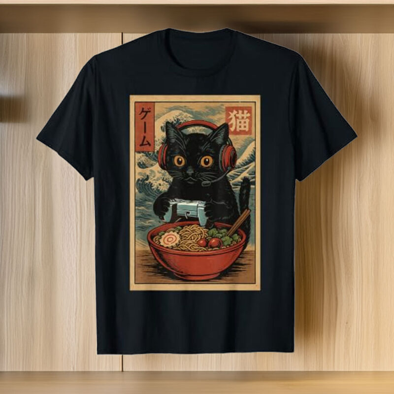 Cute Kawaii Gamer Cat Funny Ramen Retro Japanese Cat Gaming T-Shirt