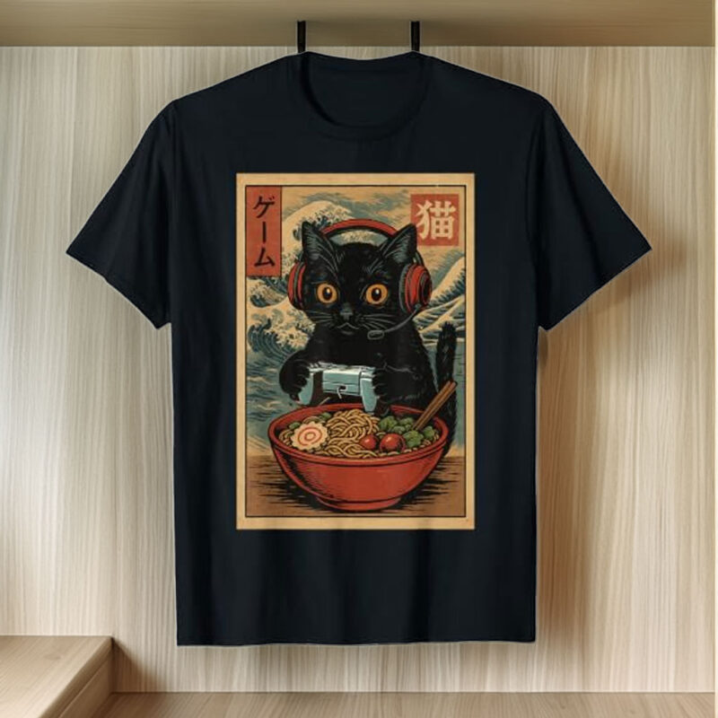 Cute Kawaii Gamer Cat Funny Ramen Retro Japanese Cat Gaming T-Shirt