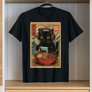 Cute Kawaii Gamer Cat Funny Ramen Retro Japanese Cat Gaming T-Shirt