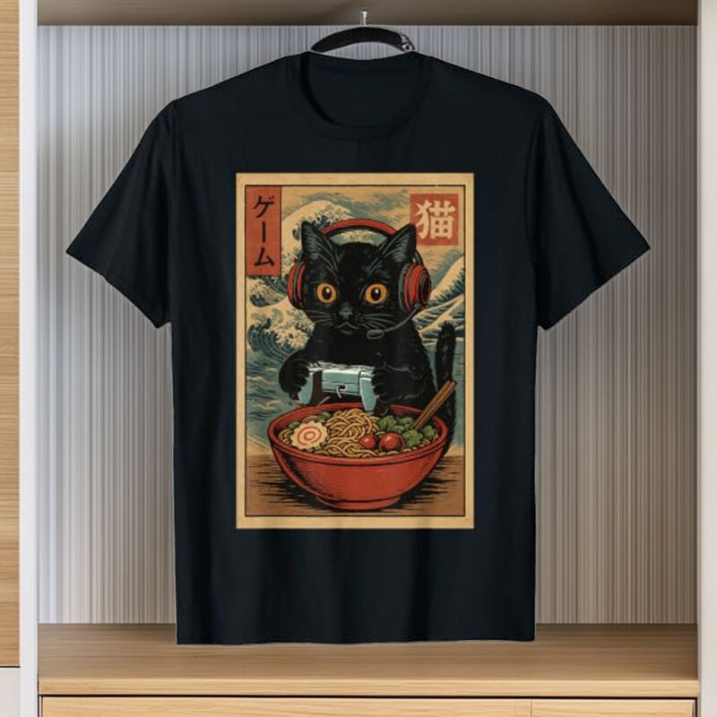 Cute Kawaii Gamer Cat Funny Ramen Retro Japanese Cat Gaming T-Shirt