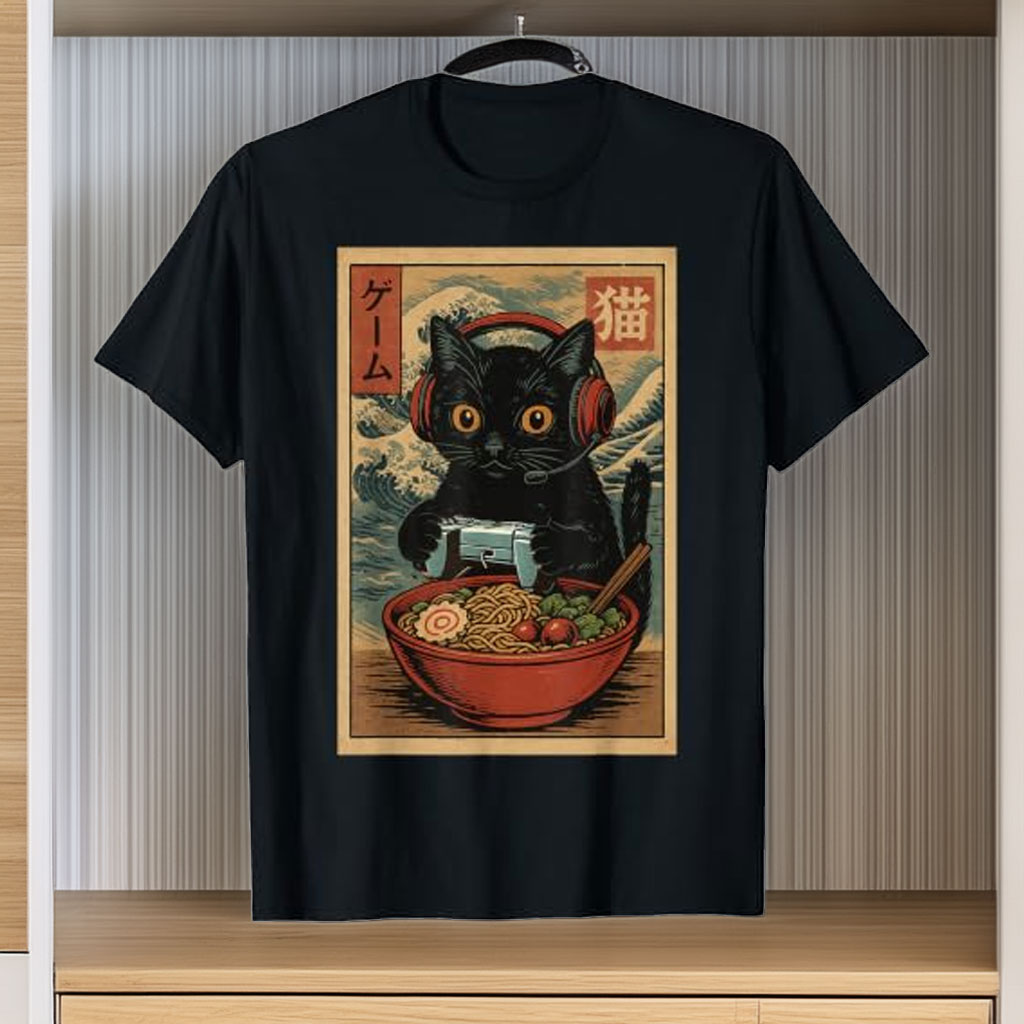 Cute Kawaii Gamer Cat Funny Ramen Retro Japanese Cat Gaming T-Shirt