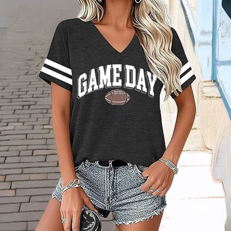 Football Shirts for Women – Funny Game Day V-Neck Graphic T-Shirt
