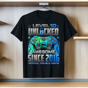 Level 10 Unlocked Awesome Since 2016 10th Birthday Gaming T-Shirt