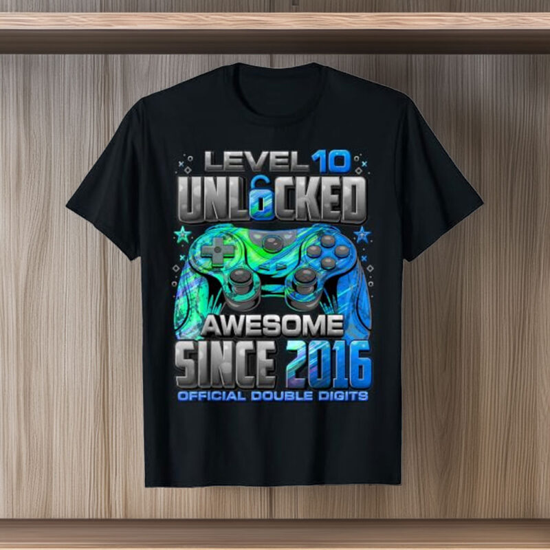 Level 10 Unlocked Awesome Since 2016 10th Birthday Gaming T-Shirt