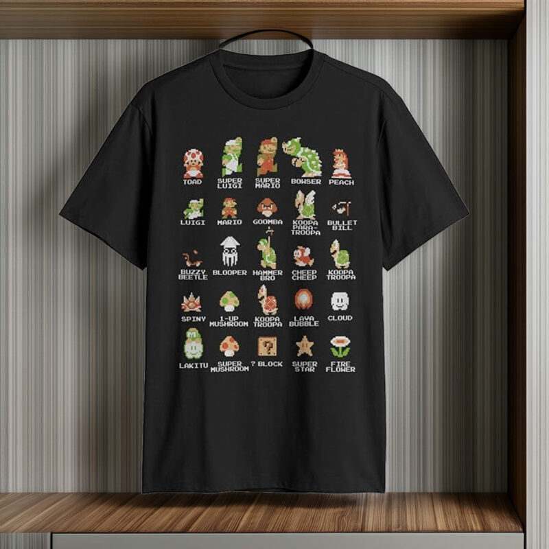 Nintendo Men's Pixel Cast Super Mario Bros Characters Graphic Tee Black