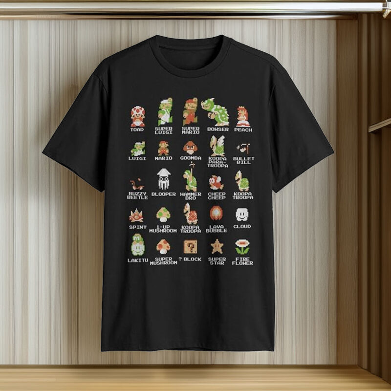 Nintendo Men's Pixel Cast Super Mario Bros Characters Graphic Tee Black