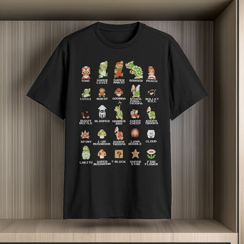 Nintendo Men's Pixel Cast Super Mario Bros Characters Graphic Tee Black