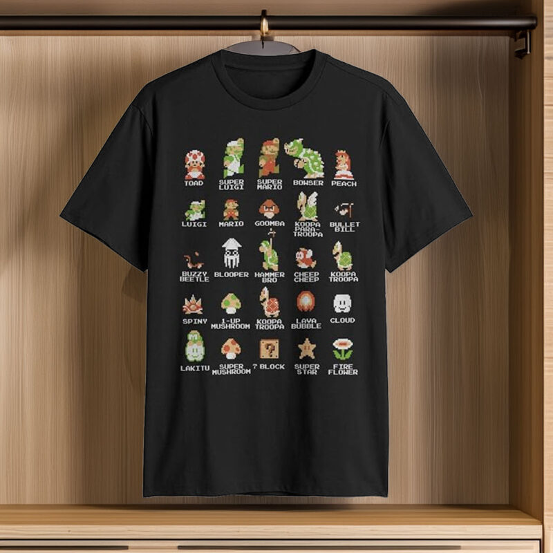 Nintendo Men's Pixel Cast Super Mario Bros Characters Graphic Tee Black
