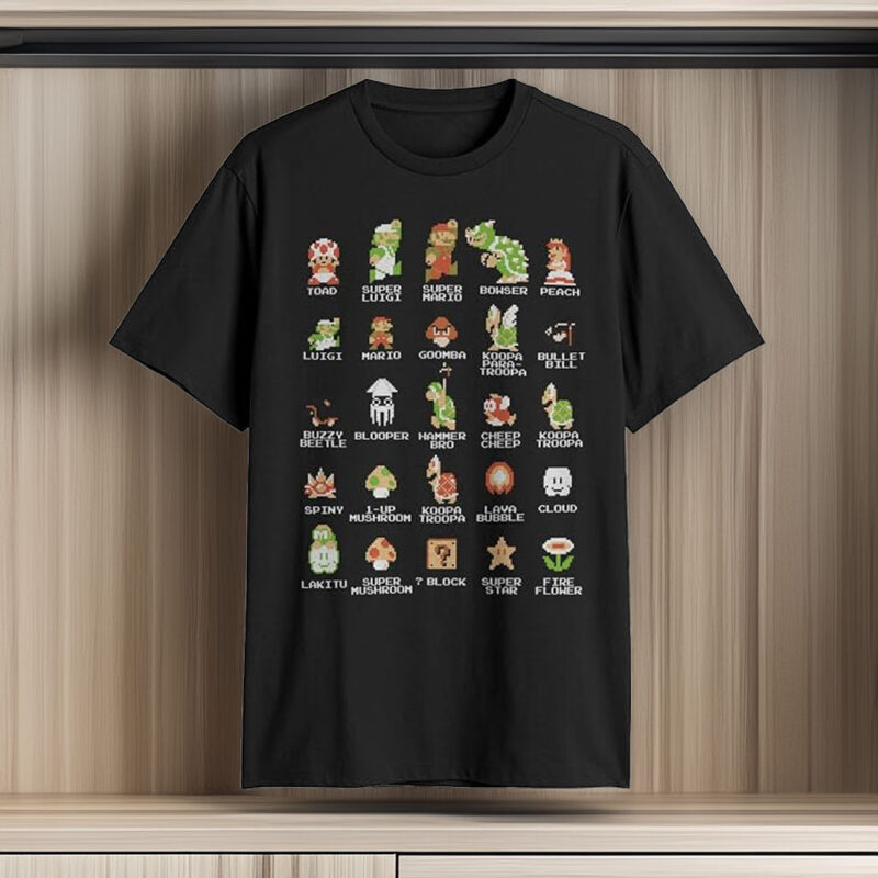 Nintendo Men's Pixel Cast Super Mario Bros Characters Graphic Tee Black – Officially Licensed Nintendo