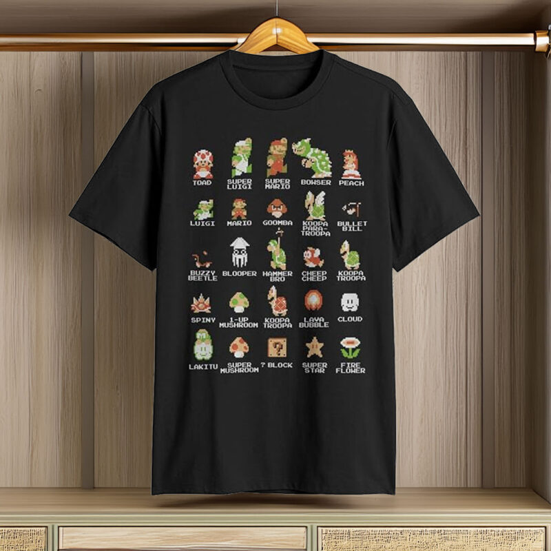 Nintendo Men's Pixel Cast Super Mario Bros Characters Graphic Tee Black – Officially Licensed Nintendo