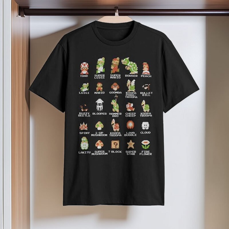 Nintendo Men's Pixel Cast Super Mario Bros Characters Graphic Tee Black – Officially Licensed Nintendo
