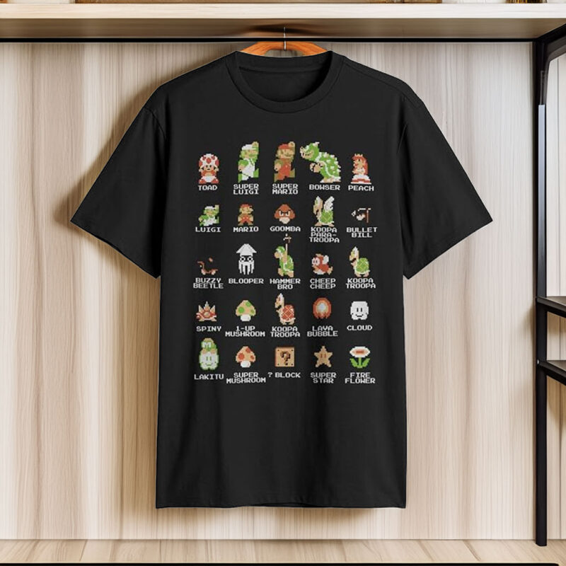 Nintendo Men's Pixel Cast Super Mario Bros Characters Graphic Tee Black – Officially Licensed Nintendo